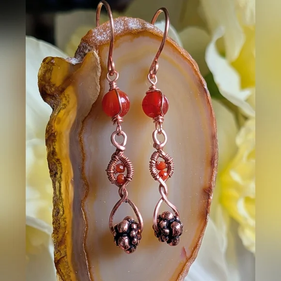 Copper Dangle Earrings Orange-Red Carnelian Agate Artisan Crafted - Picture 10 of 16